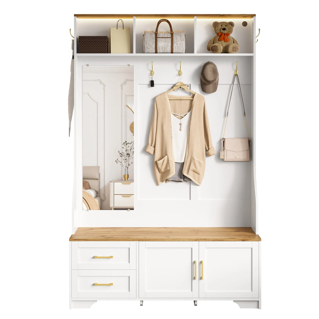 OKWISH Mobile da Ingresso con 2 Ante e 2 Cassetti, Specchio, Ganci, LED e Seduta, per Ingresso, MDF, Bianco e Legno, 120×40×187 cm