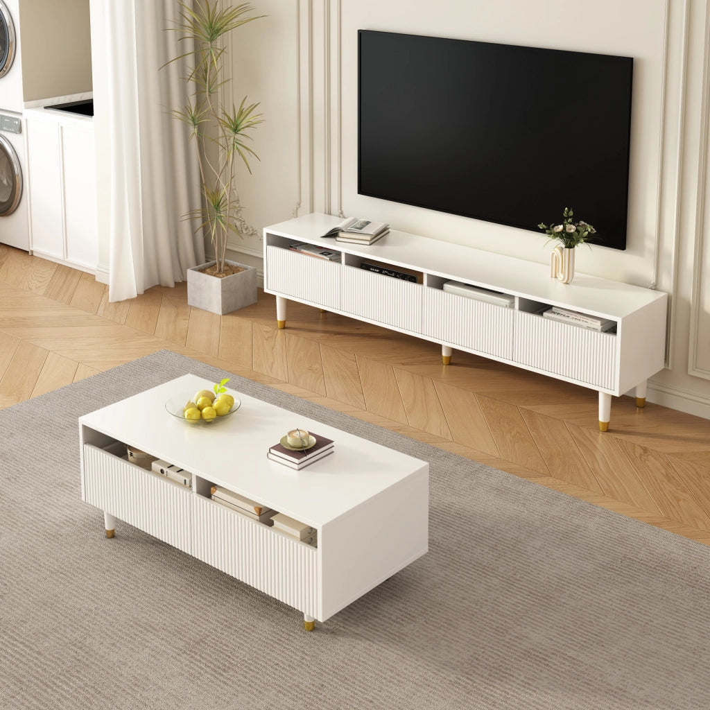 Mobile TV e Tavolino con LED ¨C MINIMAL ¨C Bianco con Design Oro, Ante in Acrilico, 4 Ante