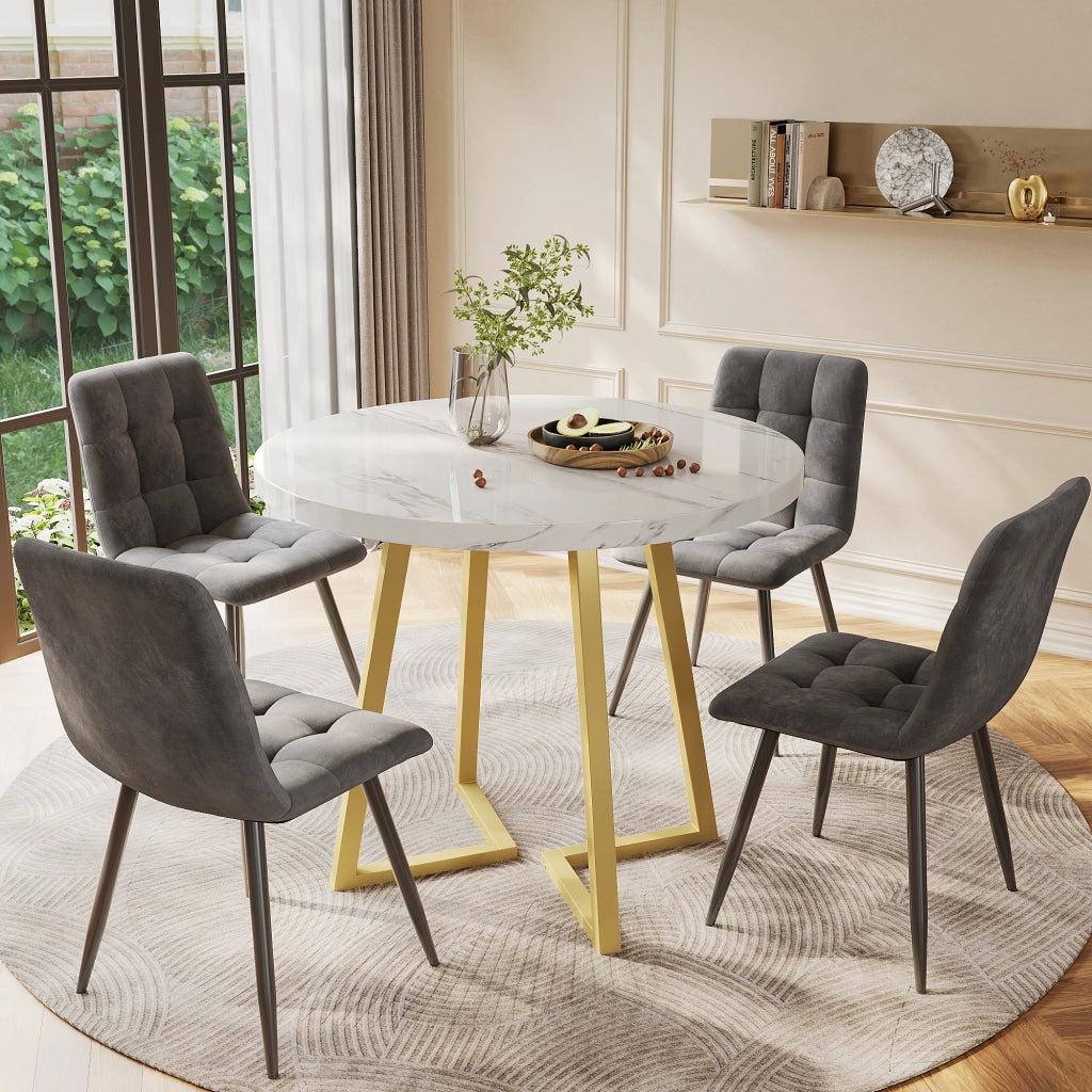Set Tavolo da Pranzo Rotondo con 4 Sedie ¨C Xylo ¨C Piano MDF Bianco, Gambe Metallo Oro, Velluto Grigio, ?80 cm