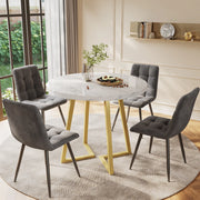 Set Tavolo da Pranzo Rotondo con 4 Sedie ¨C Xylo ¨C Piano MDF Bianco, Gambe Metallo Oro, Velluto Grigio, ?80 cm