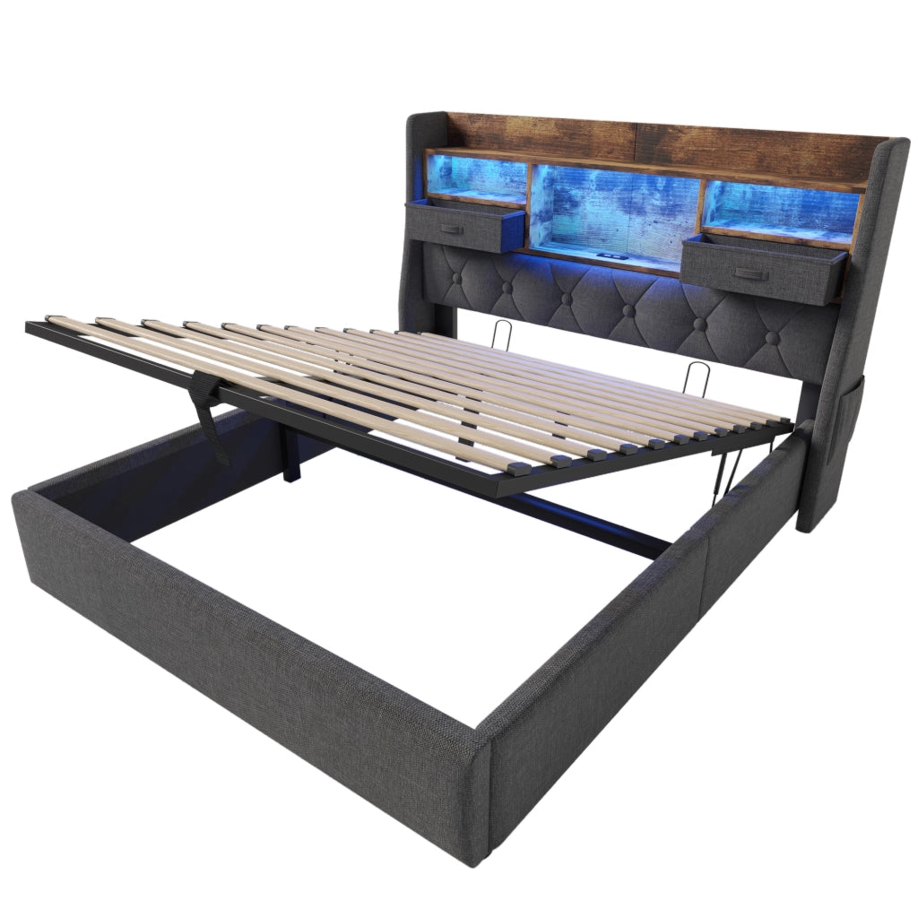 OKWISH Letto Contenitore 160×200 cm, Letto Matrimoniale con LED Regolabile, USB, Tipo C e Mensola, senza Materasso, in Lino, Grigio