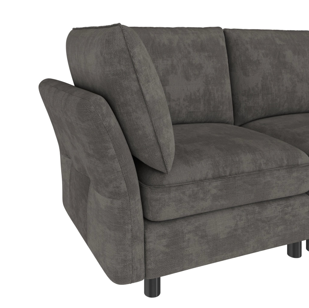 Divano modulare a L 225x137x84 cm in chenille grigio con pouf contenitore e cuscini
