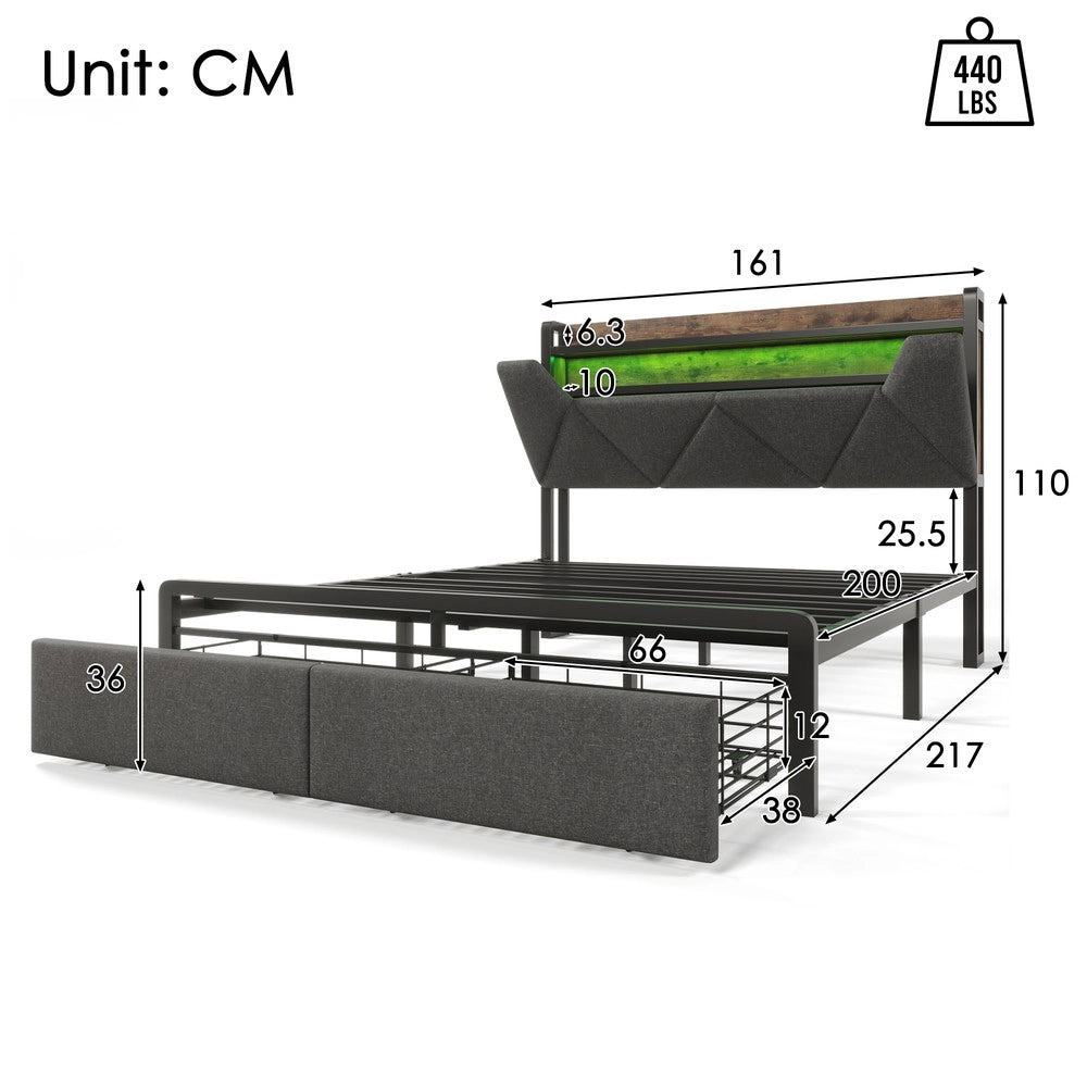 Letto Contenitore Imbottito con LED e Cassetti ¨C MINIMAL ¨C Grigio 160x200