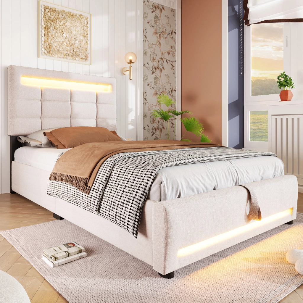letto imbottito lino beige 90 x 200 cm