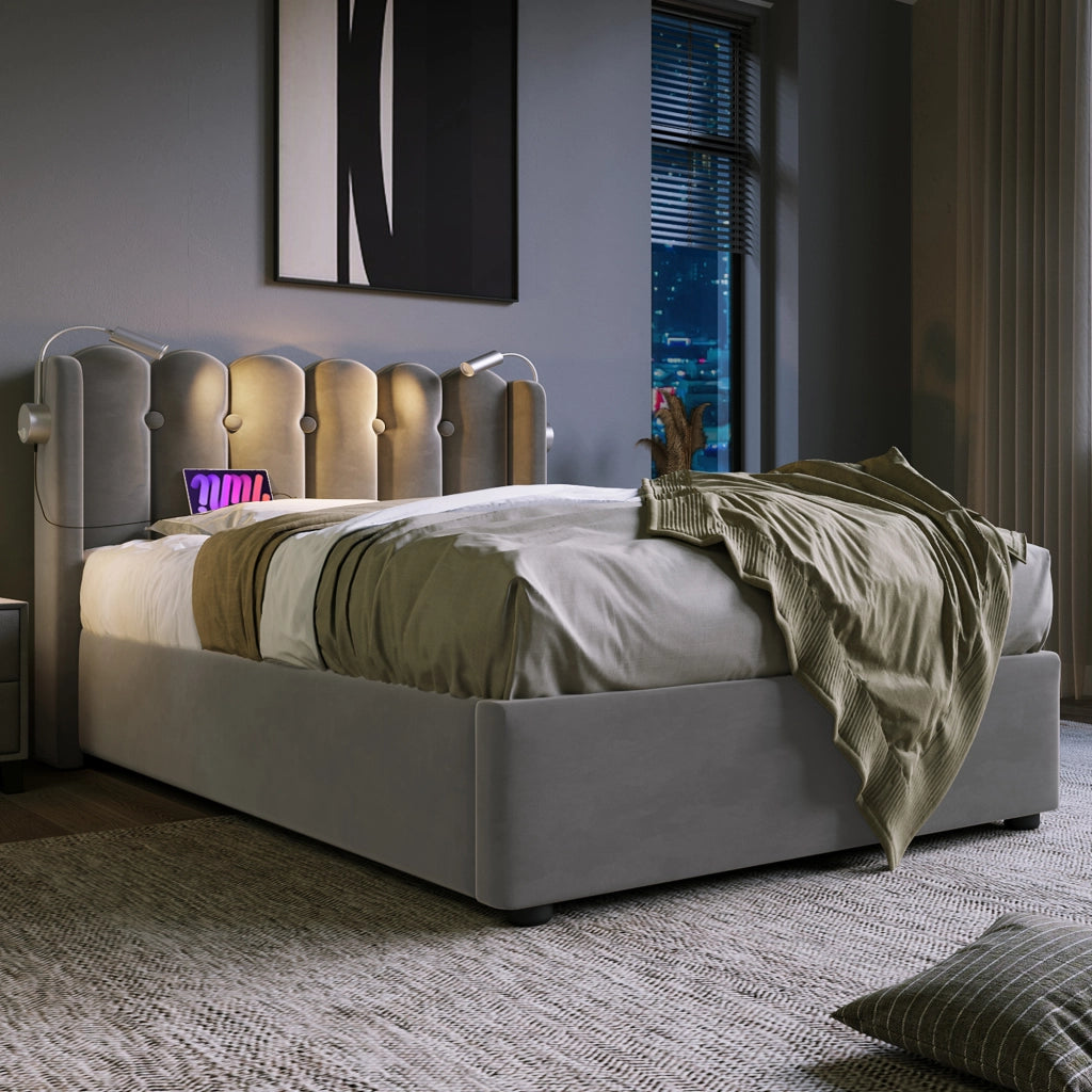 Letto singolo – 90x200 cm – luce USB contenitore – velluto grigio