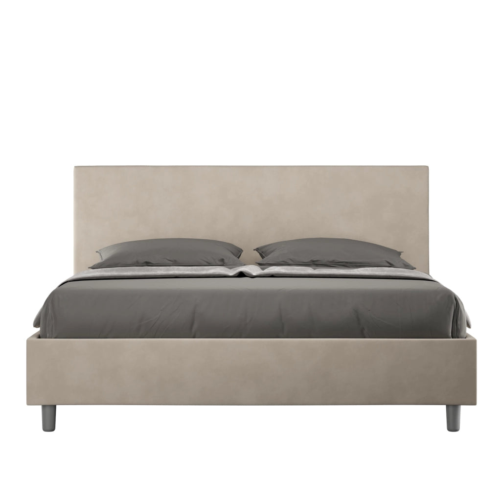 BS COM Letto matrimoniale francese con rete imbottito 140x210 microfibra sabbia