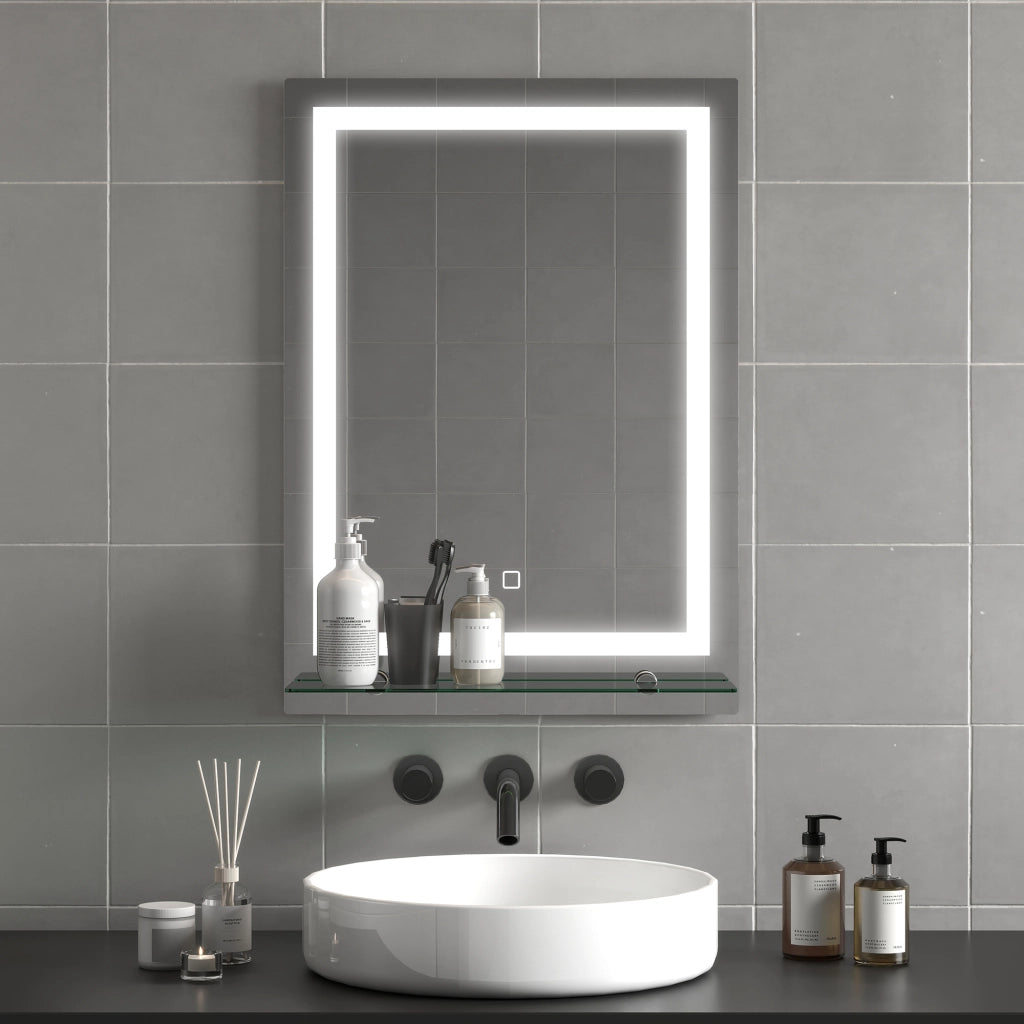 Specchio da Bagno con Luce LED e Ripiano in Vetro ¨C Minimal ¨C 50x70 cm Argento