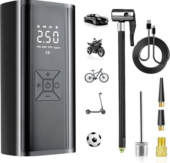 Pompa aeree elettrica - Mini pompa per bicicletta - Display LCD - Compressore di aria - Manometro