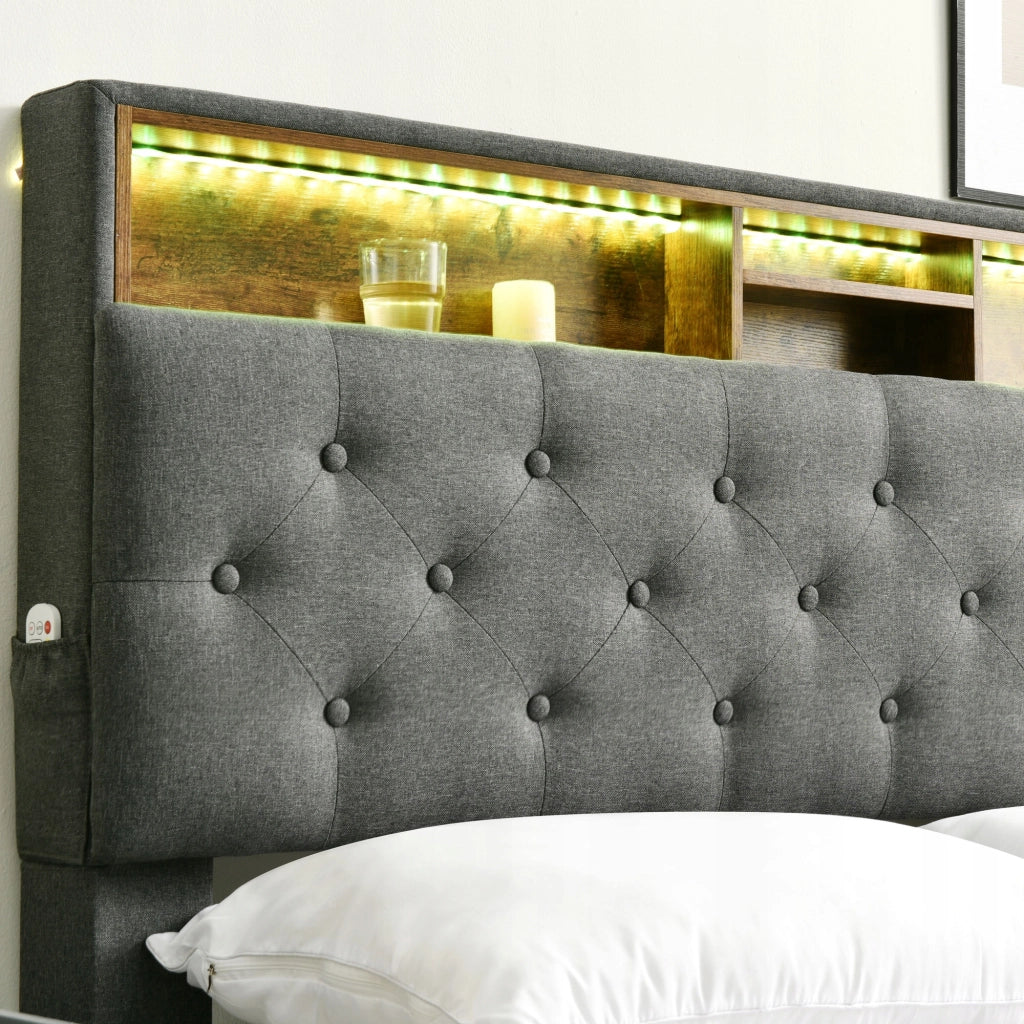 Letto imbottito 140x200 grigio con LED (con materasso) - Xylo