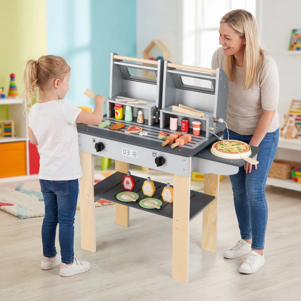 Set di gioco per barbecue in legno per bambini con ricchi accessori, Gioco di griglia per bambini cibi giocattolo con 2 grill Grigio