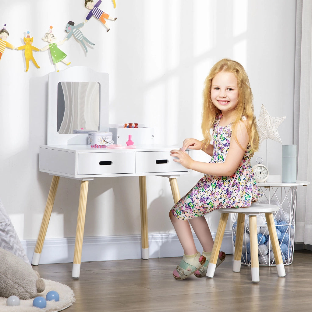 Toeletta per Bambini con Tavolo Trucco, Sgabello, Specchio e Cassetti ¨C Minimal ¨C Bianco e Legno