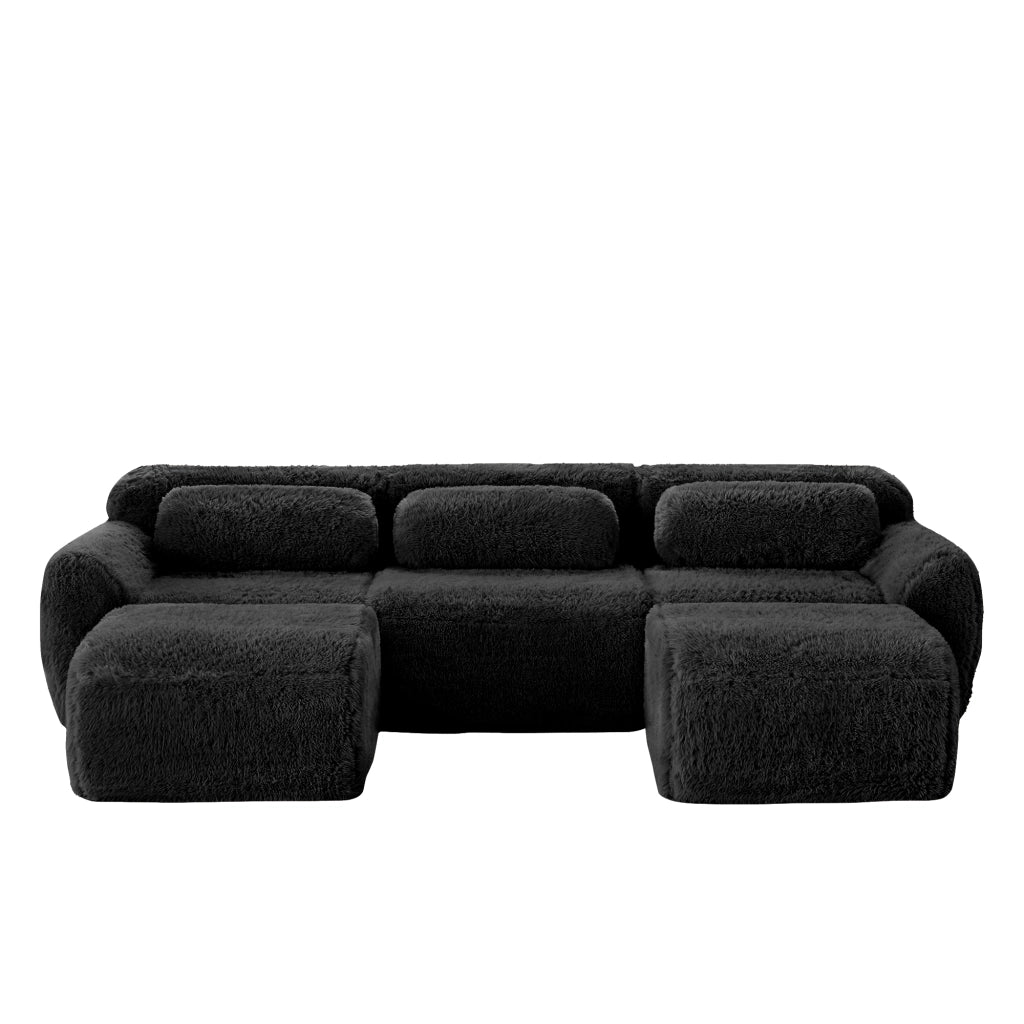 Divano Modulare a U 2-4 Posti senza Montaggio con Pouf e Cuscini; Base Antiscivolo in Peluche Nero