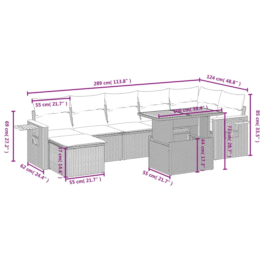 Set Divano da Giardino 8 pz con Cuscini Grigio in Polyrattan