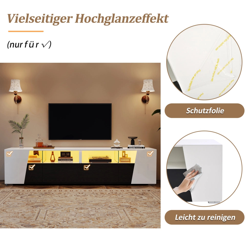 Mobile TV stand bianco e nero in MDF e vetro; lunghezza 180 cm