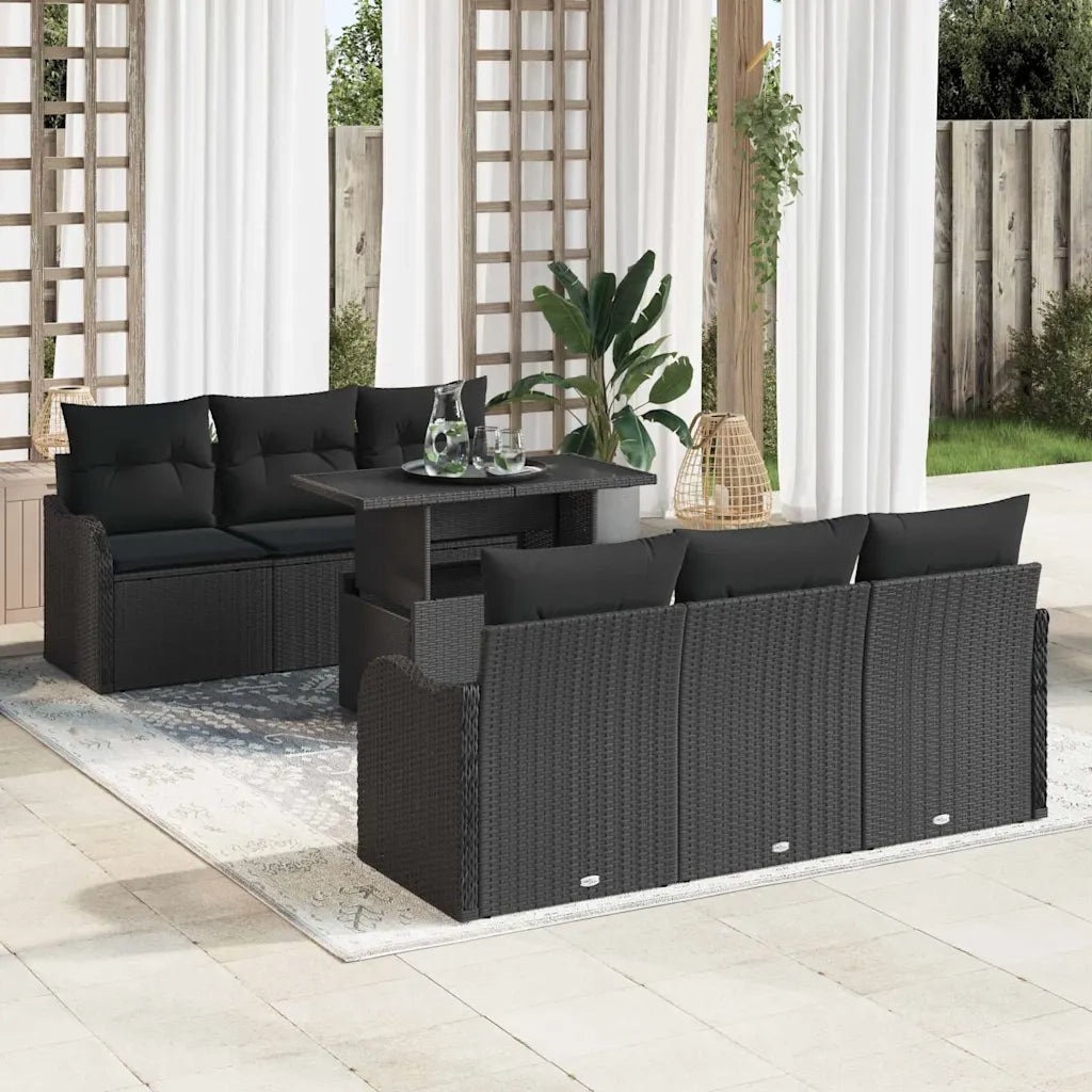 Set Divano da Giardino con cuscino 7 pcs Nero Poly Rattan