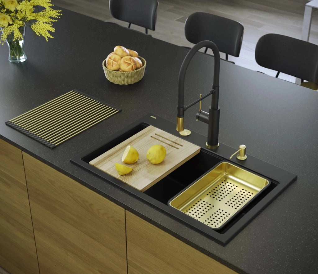 Lavello In Granito Marc 110 Workstation Black Tappo oro