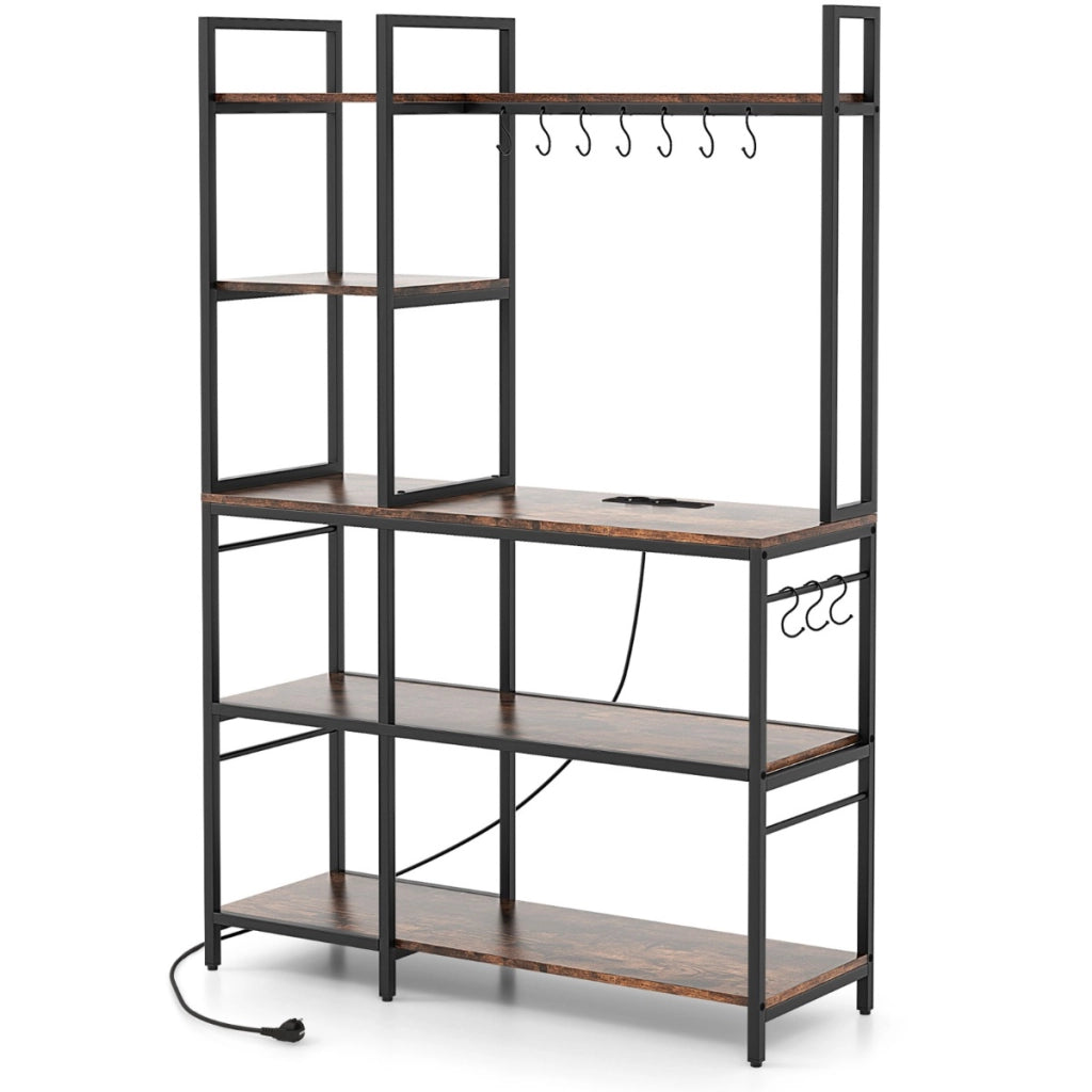 Scaffale da cucina con prese di corrente, Tavolo bar con 5 ripiani e 10 ganci a forma di S Marrone rustico