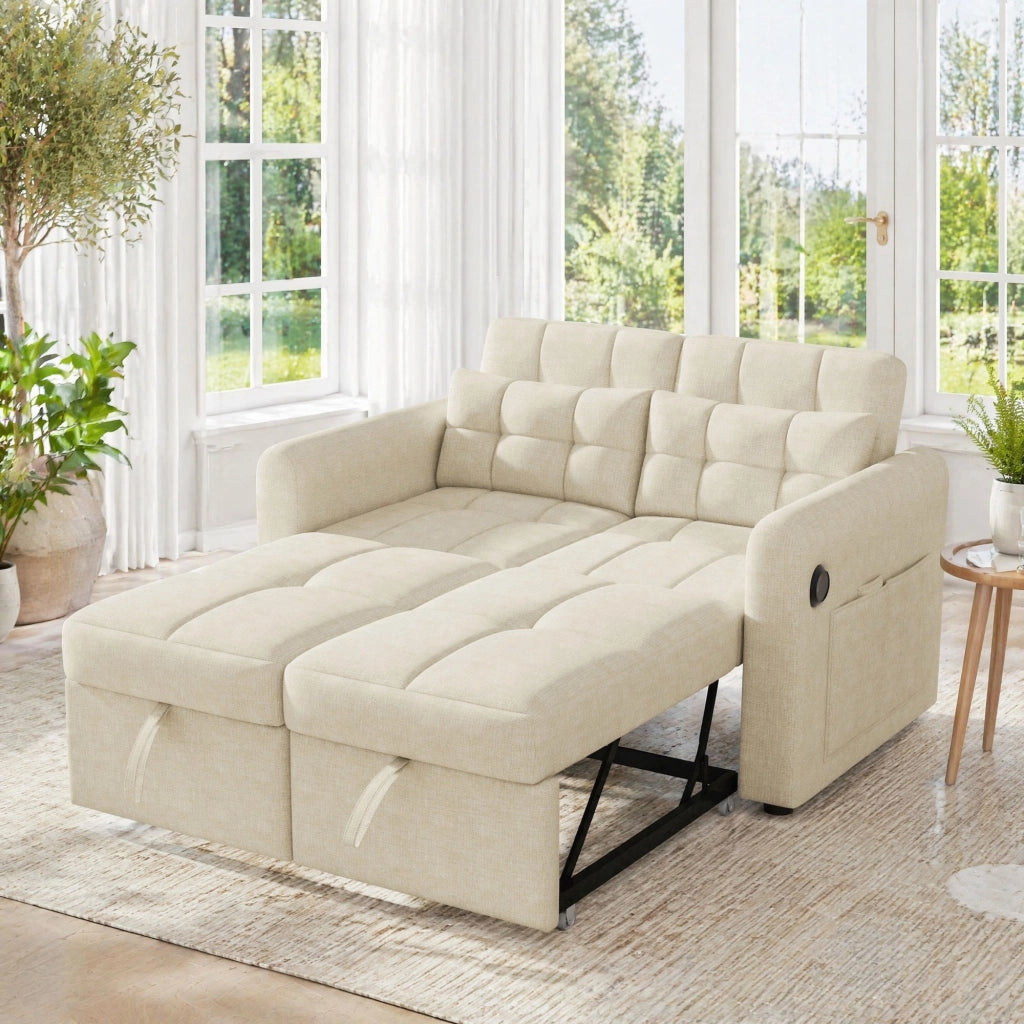 Divano Letto 2 Posti con Schienale Regolabile USB e Tasche Laterali in Cotone Lino Beige