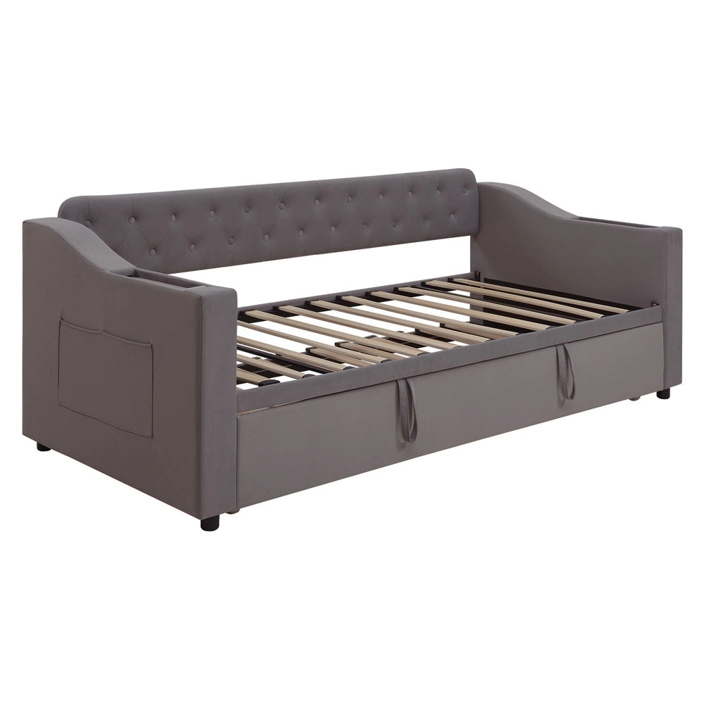 Divano letto - Xylo - 90/180x190 cm braccioli USB velluto grigio scuro