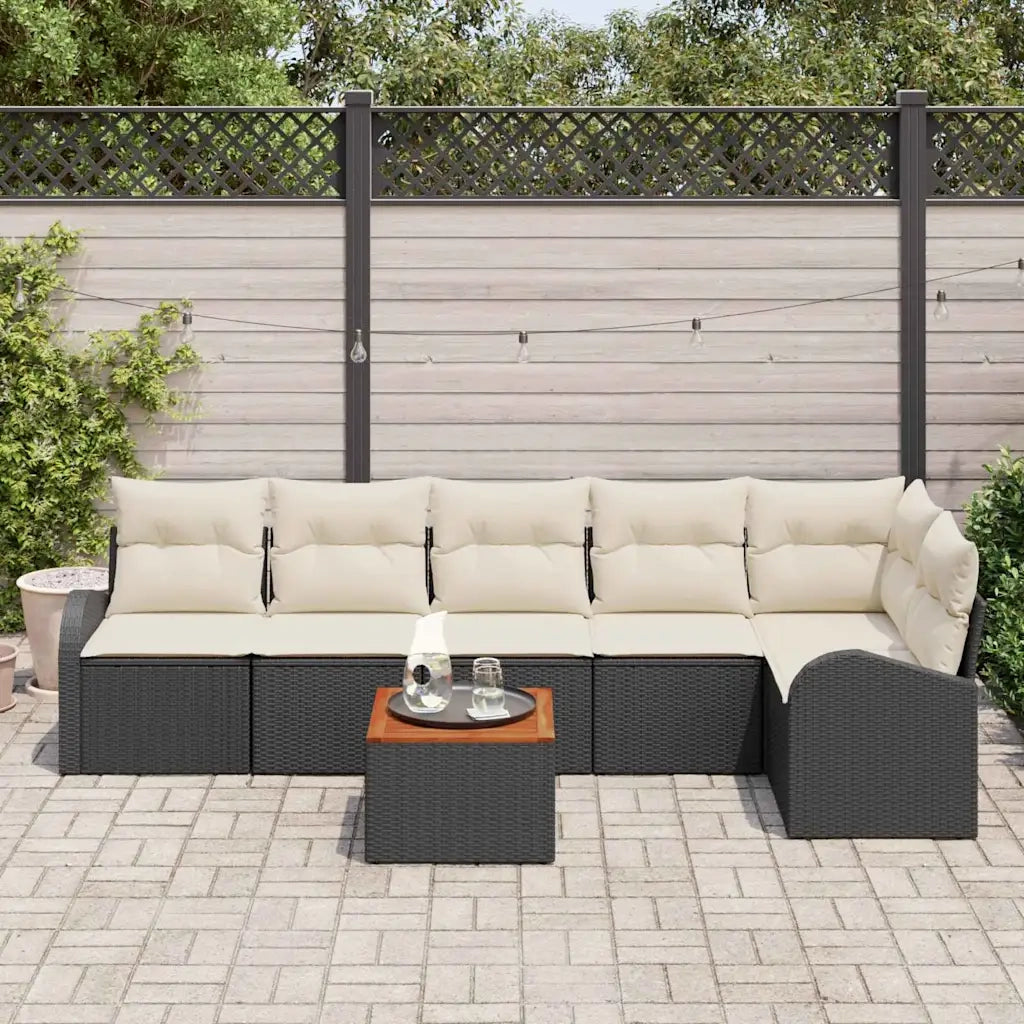 Set Divano da Giardino 7 pcs Nero e Crema polyrattan