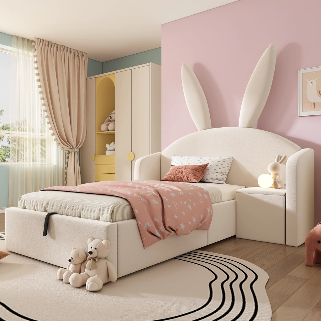 Letto Imbottito Singolo con Contenitore Idraulico e Comodino ¨C MINIMAL ¨C Velluto Beige 90x200