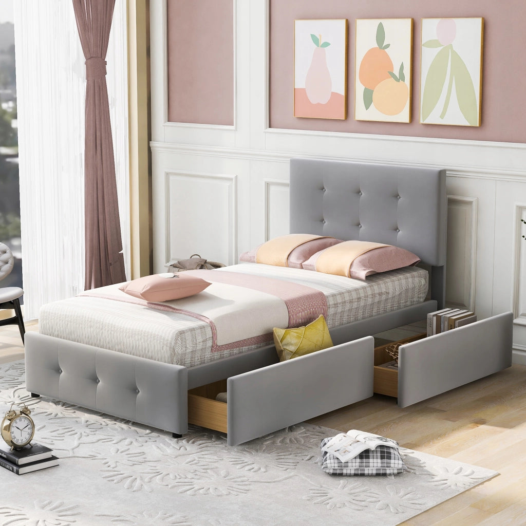 Letto imbottito 90x200 - Xylo - Grigio con cassetti e testiera regolabile