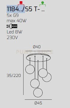 SOSPENSIONE OTTONE SAT. 5 LUCI TONDA VETRI 2X TR + 3X FU 1184OS-S5 T-TF
