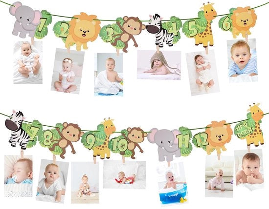 Fotofunzione con illuminazione - Cavo fotovoltaico - Fotofunzione con pinze - Decorazione per compleanni - Primo compleanno - Tema giungla/safari - Banner fotografico