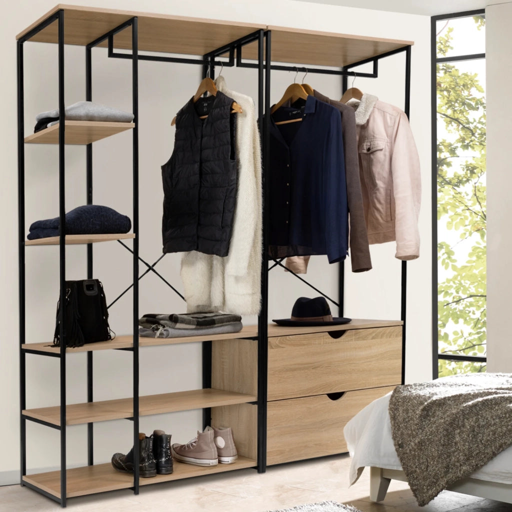 IDMarket - Armadio componibile con doppio guardaroba, ripiani e 2 cassetti L. 170 cm DETROIT design industriale