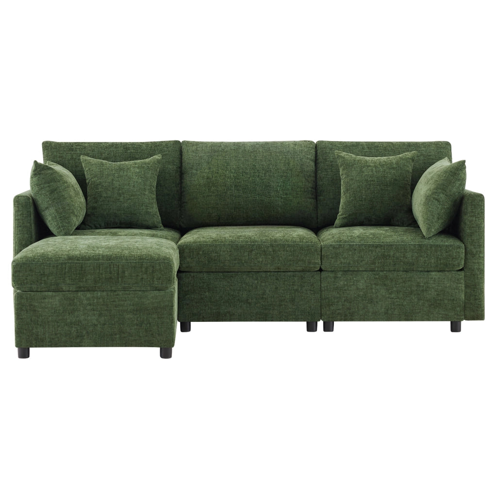 Divano modulare angolare a L 216x161x81 cm in chenille verde con 4 cuscini