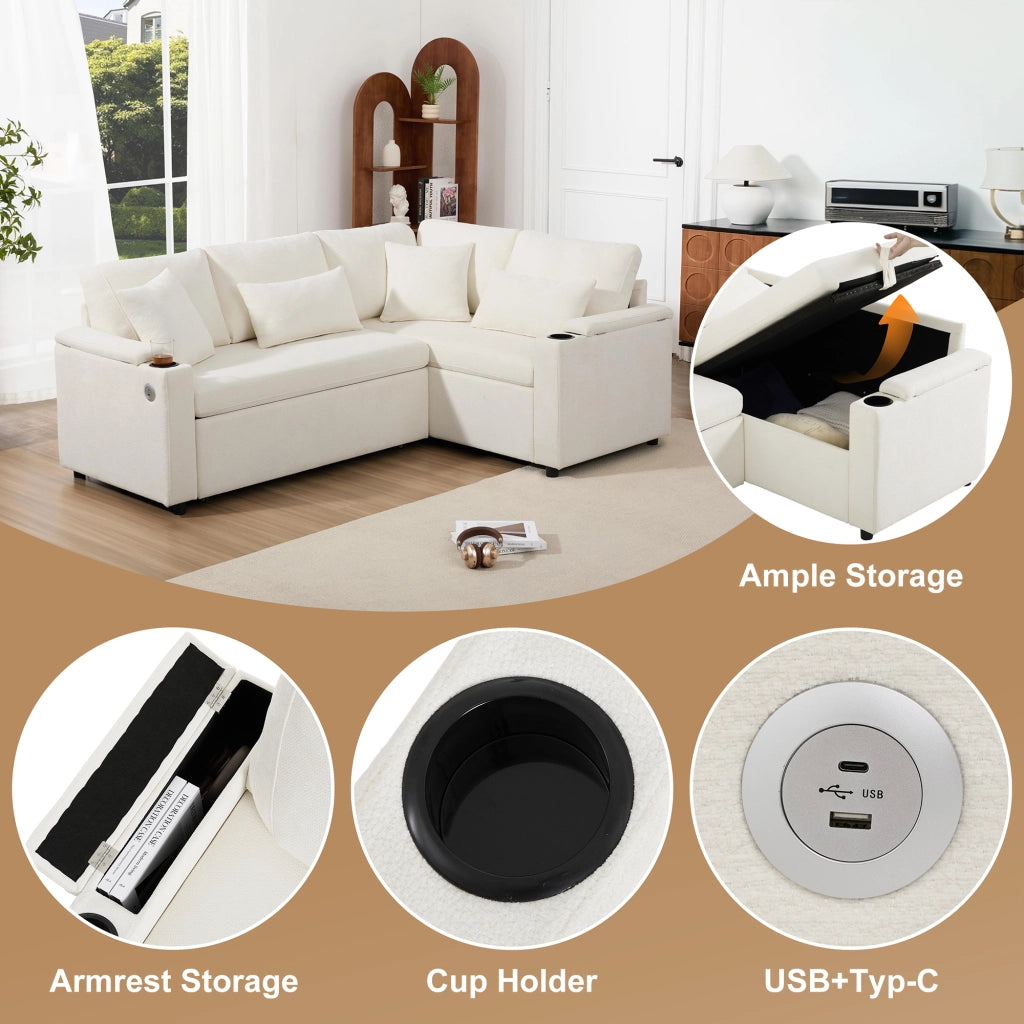 Divano angolare convertibile con contenitore portabicchieri USB e 4 cuscini in chenille beige 206,5 × 141 × 86 cm
