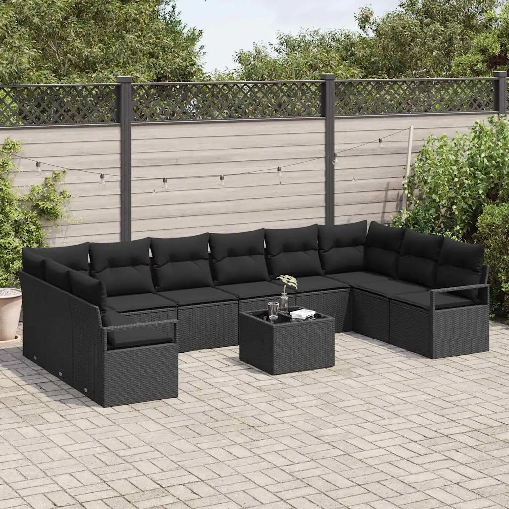 Set Divano da Giardino con cuscino 11 pcs Nero polyrattan