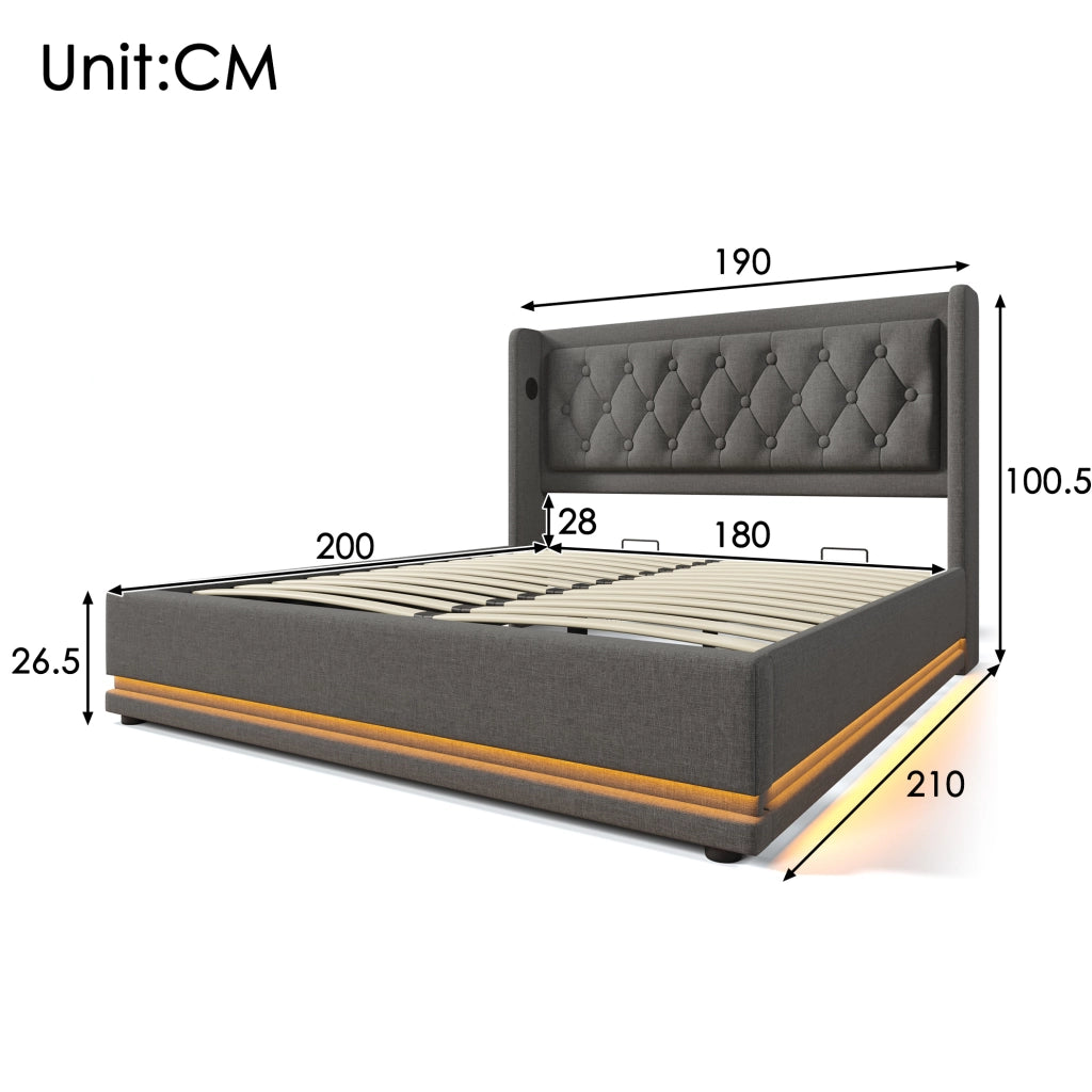 Letto matrimoniale 180x200 cm; contenitore idraulico con USB e Tipo-C; cotone grigio (Senza materasso)