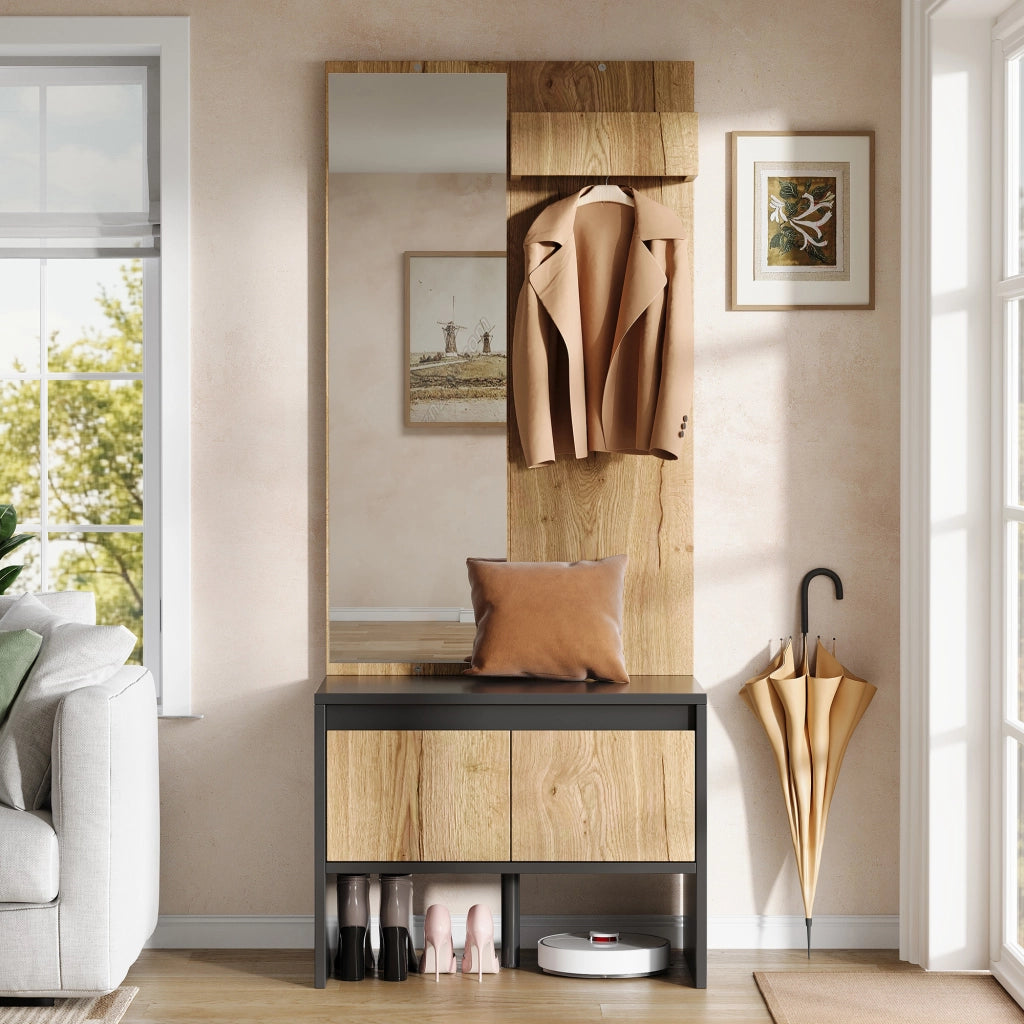 MOBILE INGRESSO 3 in 1 60x38x145 cm con specchio, appendiabiti e 2 cassetti