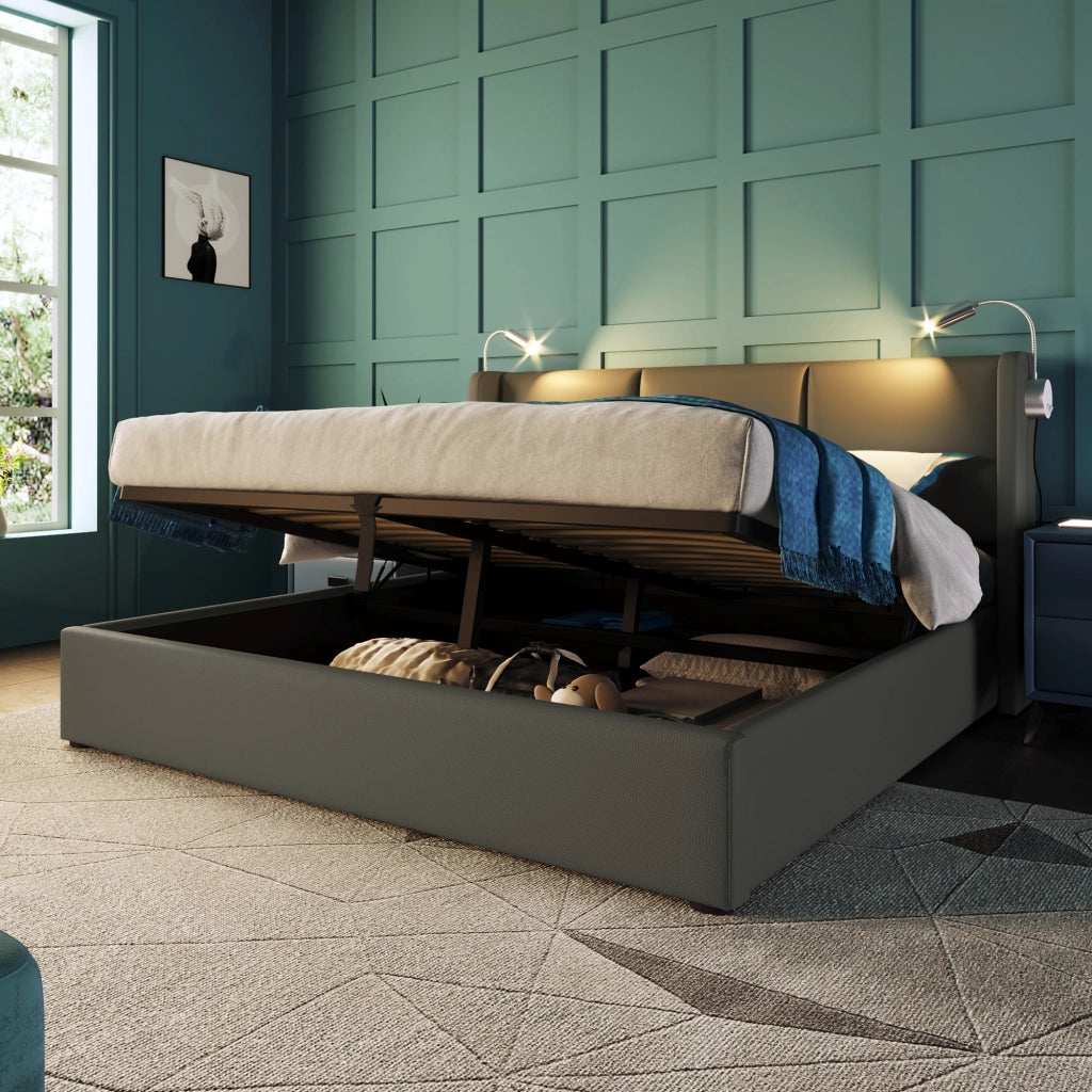 Letto imbottito 160x200 grigio con illuminazione - Xylo