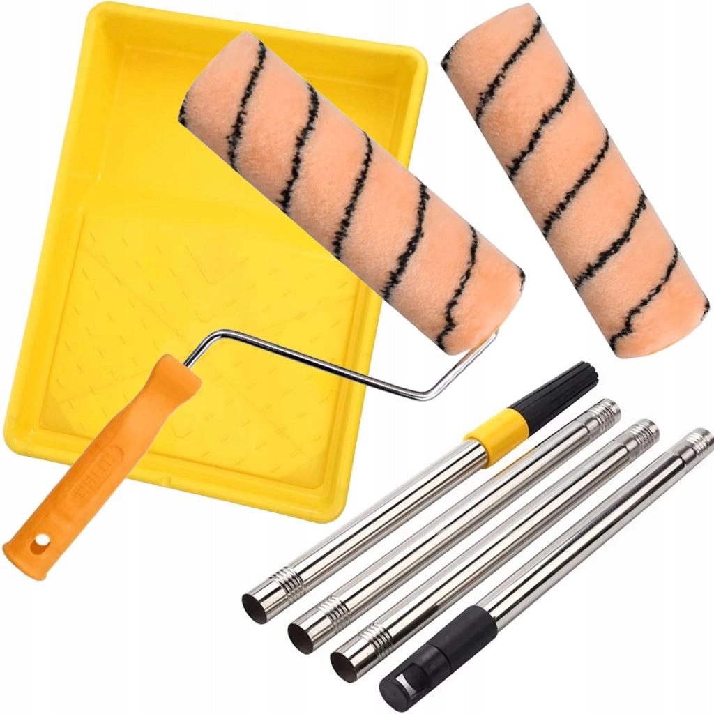 Set di Accessori per Pittura – Rullo ORANGE con Manico, Vaschetta GOLD, Asta Telescopica 0,6-1,05 m