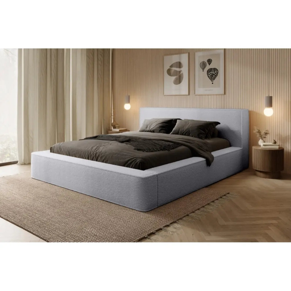 Letto contenitore VELORA – Grigio perla bouclé – 160x200 cm – Tessuto velluto morbido – Rete sollevabile – Spazio di stoccaggio integrato