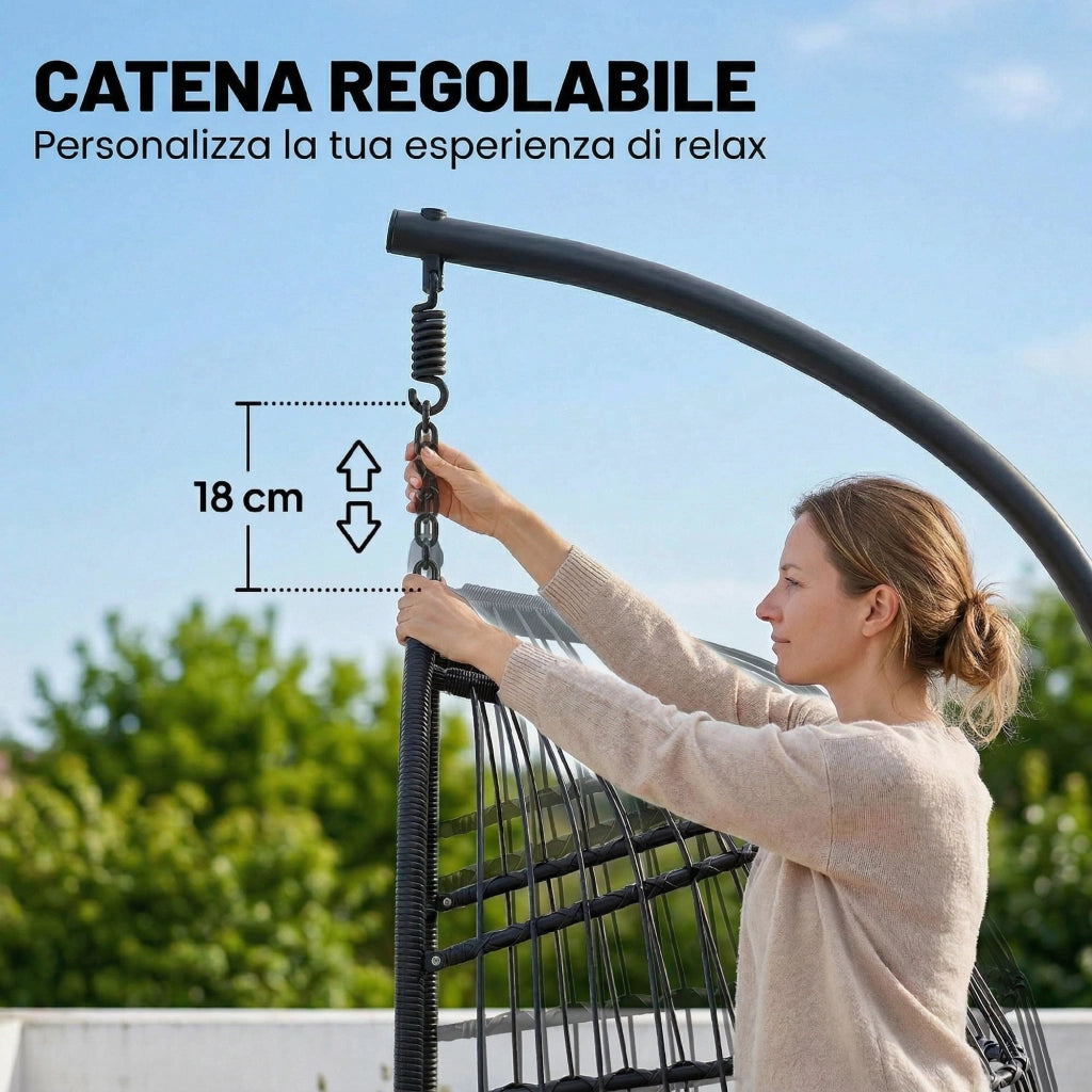 Sedia a Uovo Sospesa. Altalena Esterno con Supporto e Cinghia Sicurezza. Nero/Grigio Chiaro