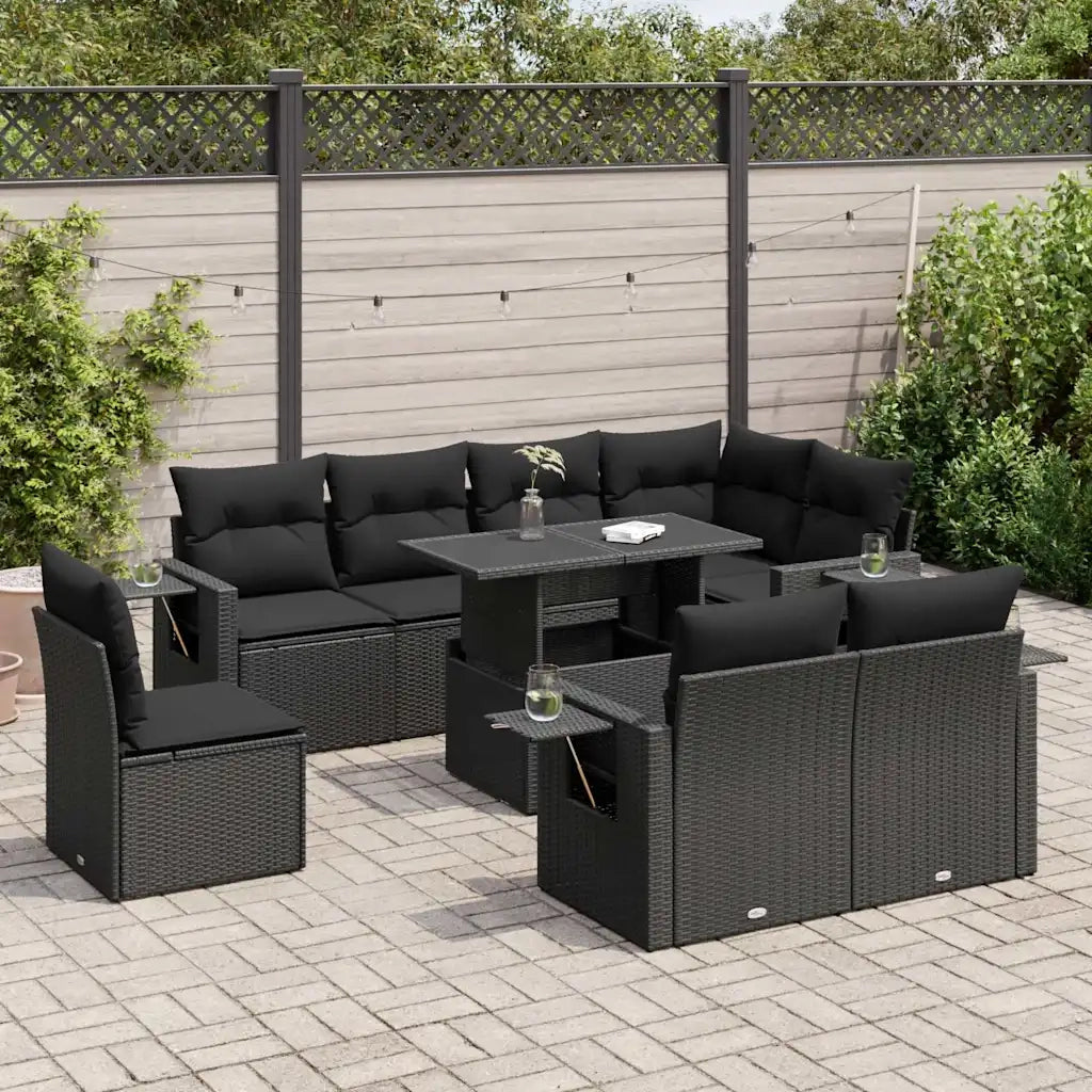 Set Divani da Giardino 9 pz con Cuscini Nero in Polyrattan 3326496