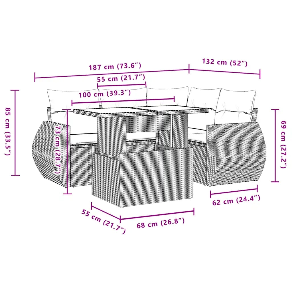 Set Divano da Giardino 5 pz con Cuscini Marrone in Polyrattan 3268513