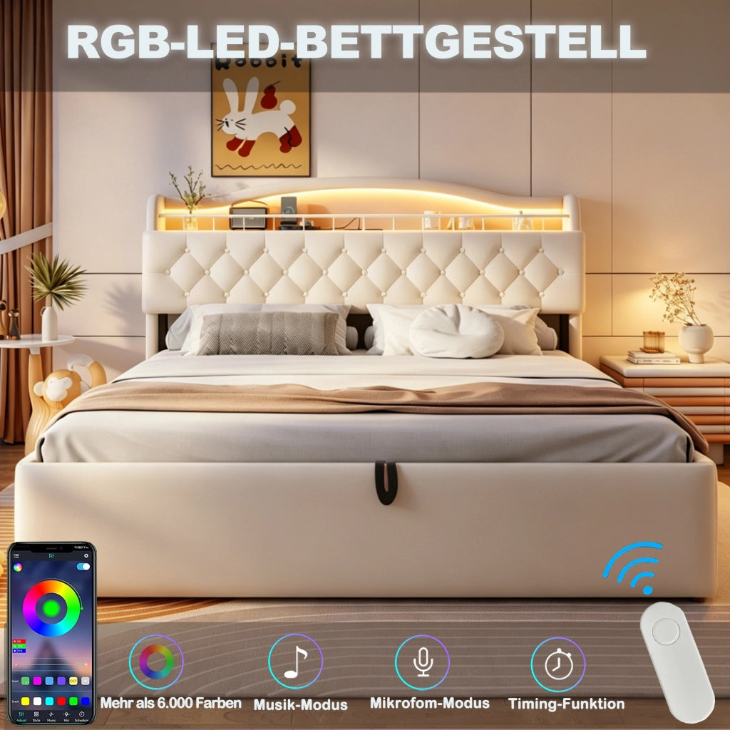 LETTO Contenitore 140x200 cm Beige in tessuto e metallo con LED, USB e USB-C