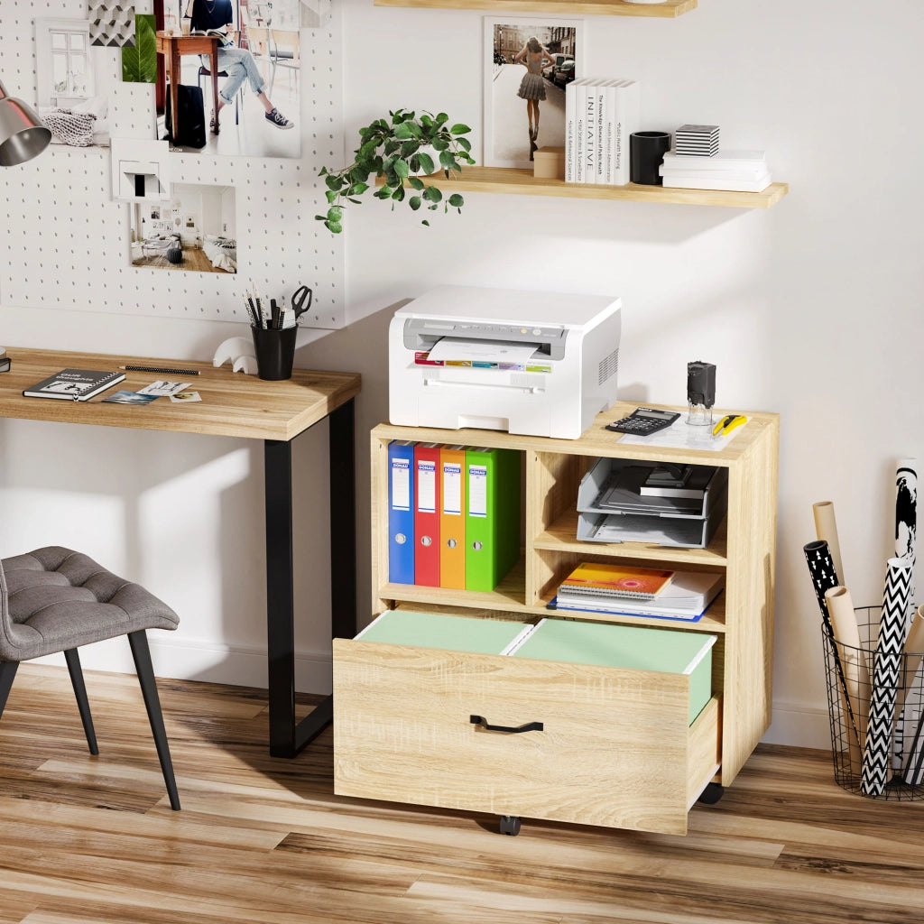 Cassettiera Mobile con Ruote Porta Stampante ¨C Xylo ¨C 5 Ruote, Cassetto e Ripiano, Legno, 77x40x73cm