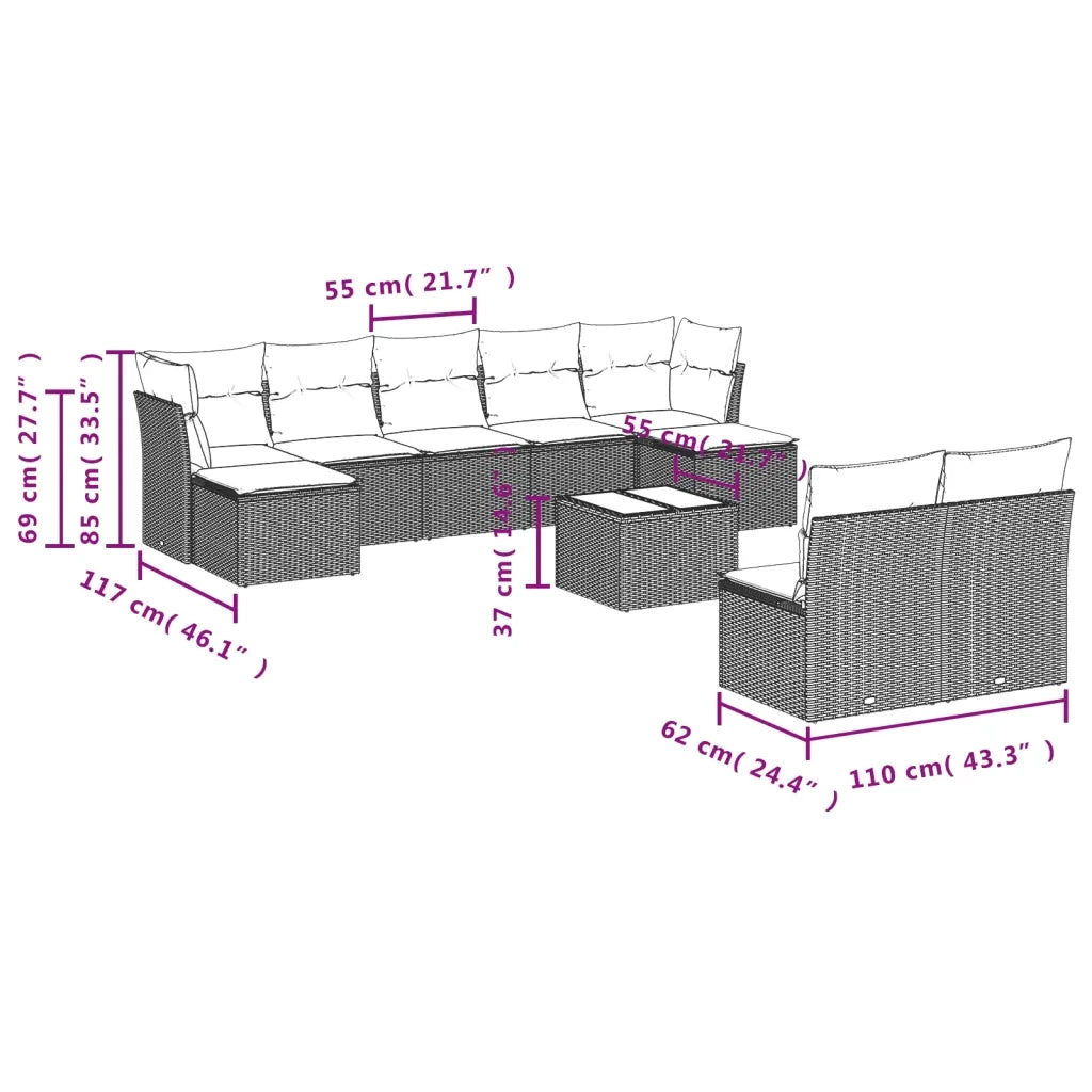 Set Divani da Giardino 10pz con Cuscini in Polyrattan Nero 3218276
