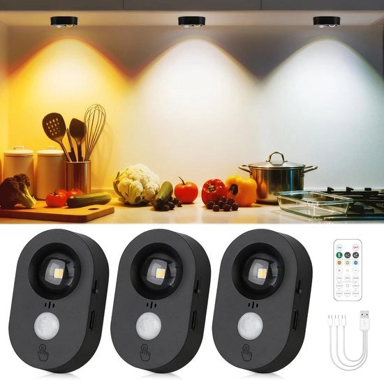 3 Pezzi – Lampade a LED Puck con Sensore di Movimento – Ricaricabili, Regolabili, Adesivi, Bianco Caldo, Nero