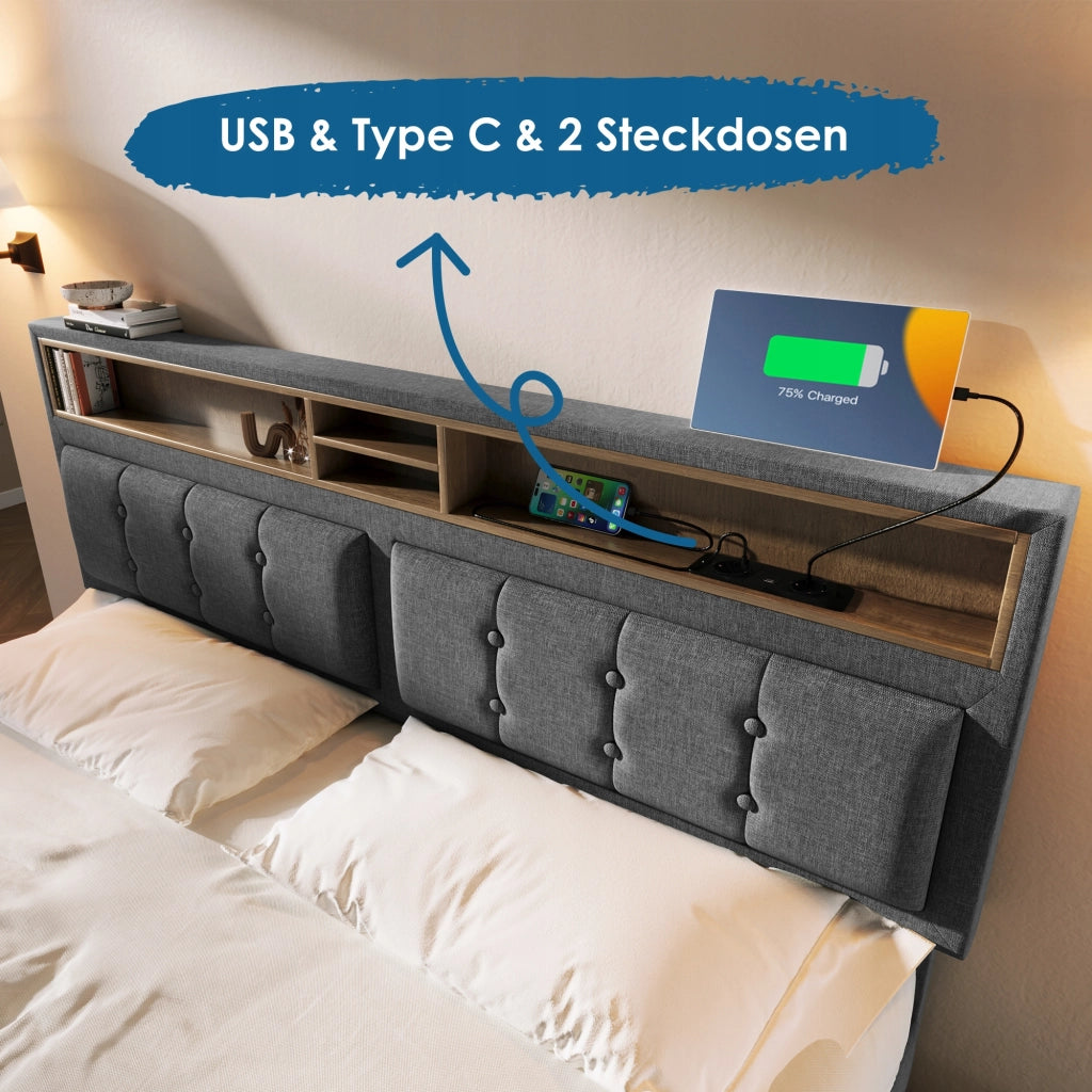 Letto imbottito 140x200 con 4 cassetti e USB - Xylo
