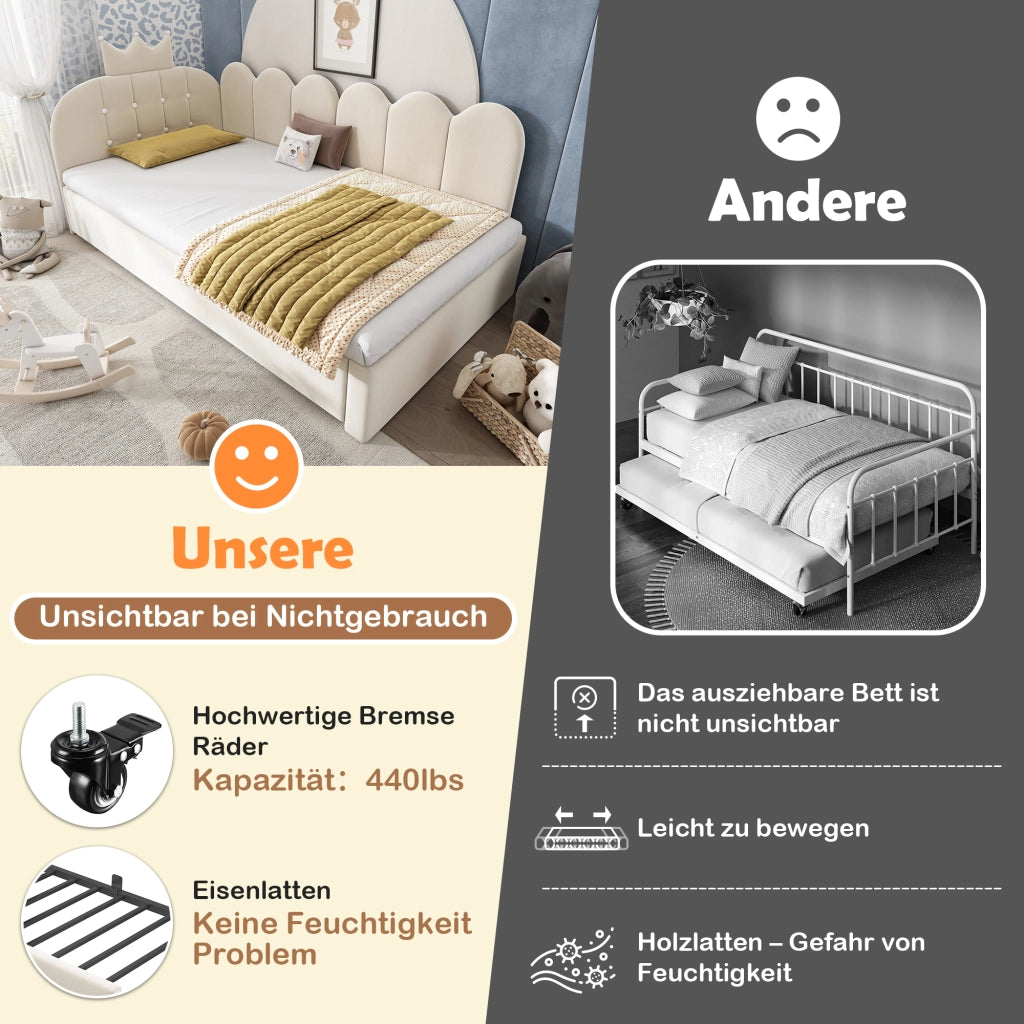 Sofa letto con letto estraibile velluto beige 90x200 cm