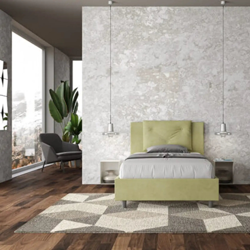 Letto una piazza e mezza con rete imbottito 120x190 microfibra tè verde Appia