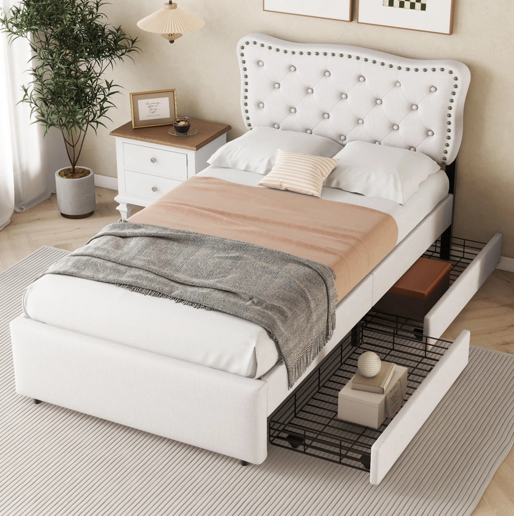 Letto imbottito 90x200 cm con 2 cassetti e testiera regolabile; MDF e lino; beige chiaro