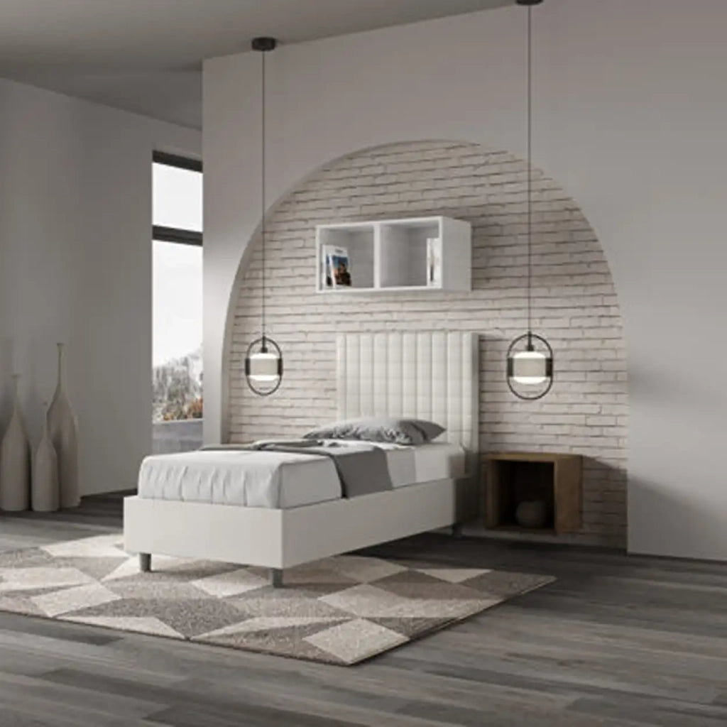Letto singolo contenitore imbottito 90x200 similpelle bianco Sunny