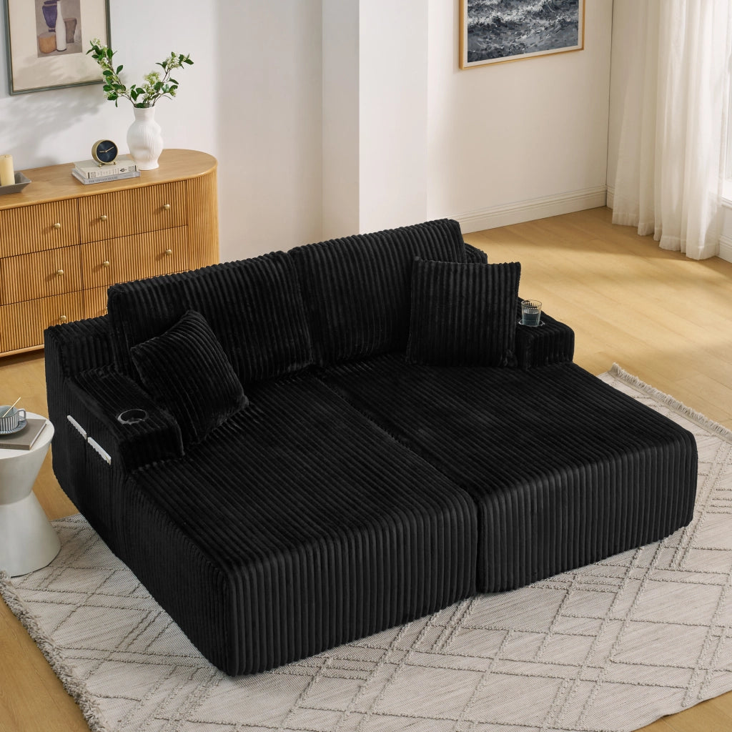 Divano Letto 2 Posti Relax ¨C MINIMAL ¨C Nero, Tessuto a Coste, con Cuscini